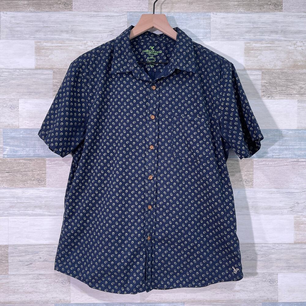 AMERICAN EAGLE Slim Fit Short Sleeve Shirt Navy Blue Print Cotton Mens Large